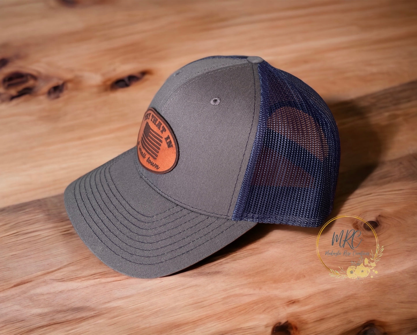 “Small Town” Snapback Trucker Cap, Charcoal/ Navy w/ Leather Patch