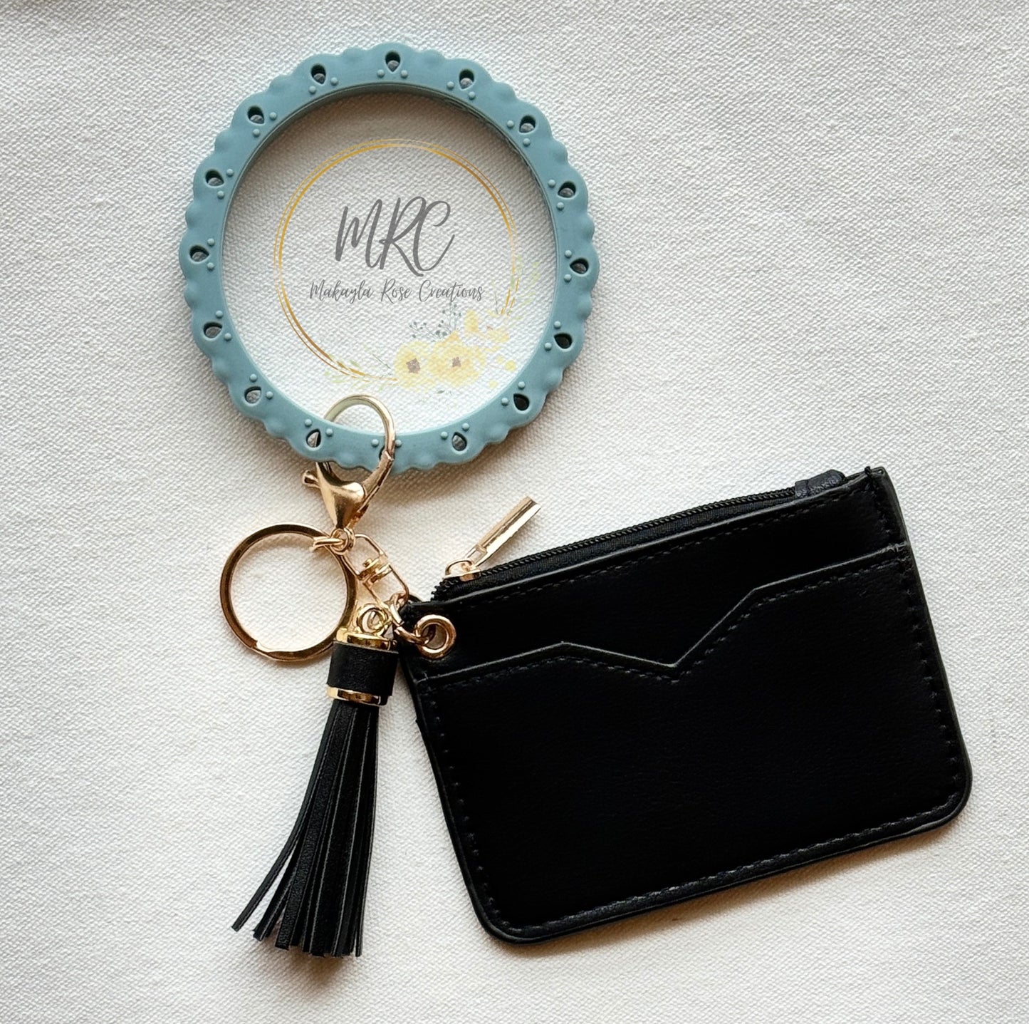 Dusty Blue Bangle Keychain w/Mini Black Faux Leather Wallet