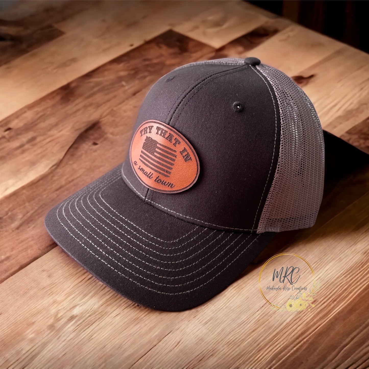 “Small Town” Snapback Trucker Cap, Black/ Charcoal w/ Leather Patch