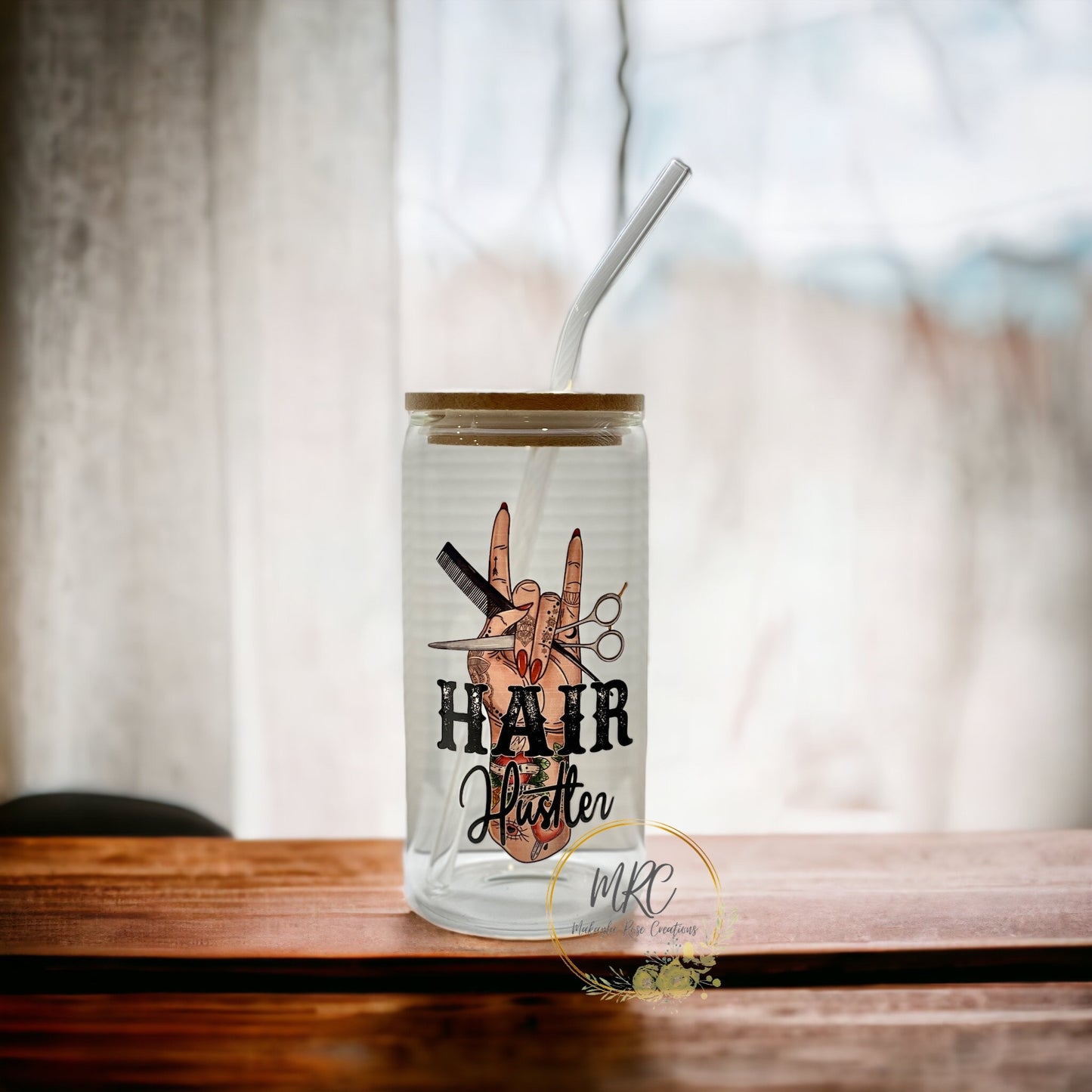 Hair Hustler, Glass Can Cold Drink Cup w/Bamboo Lid & Straw