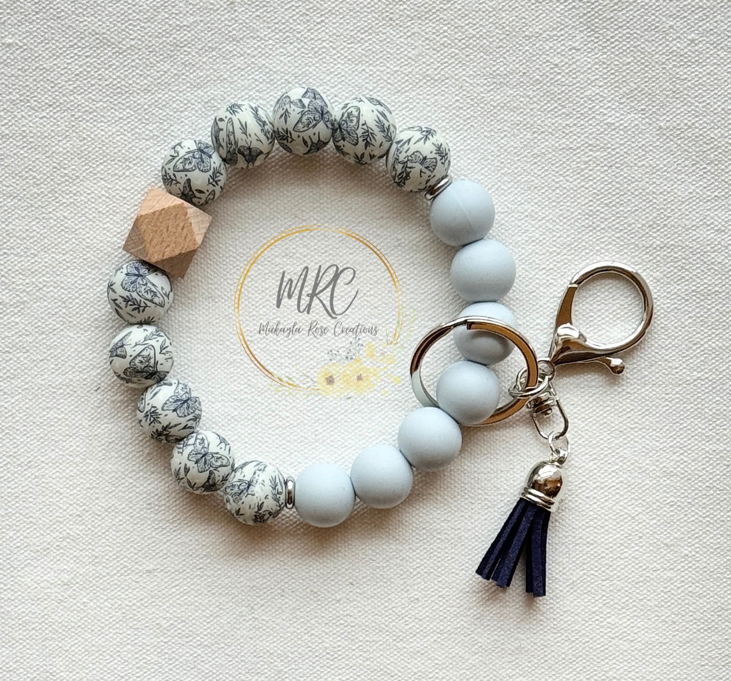 Dove Grey Butterfly Keychain Bracelet w/Tassel
