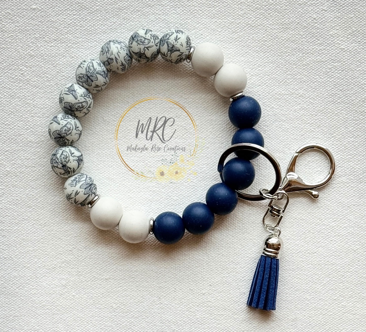 Navy Butterfly Keychain Bracelet w/Tassel