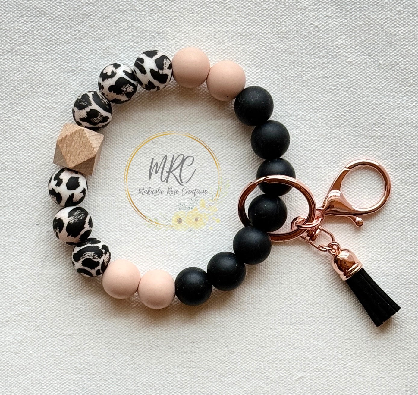Rose Gold Leopard Keychain Bracelet w/Tassel