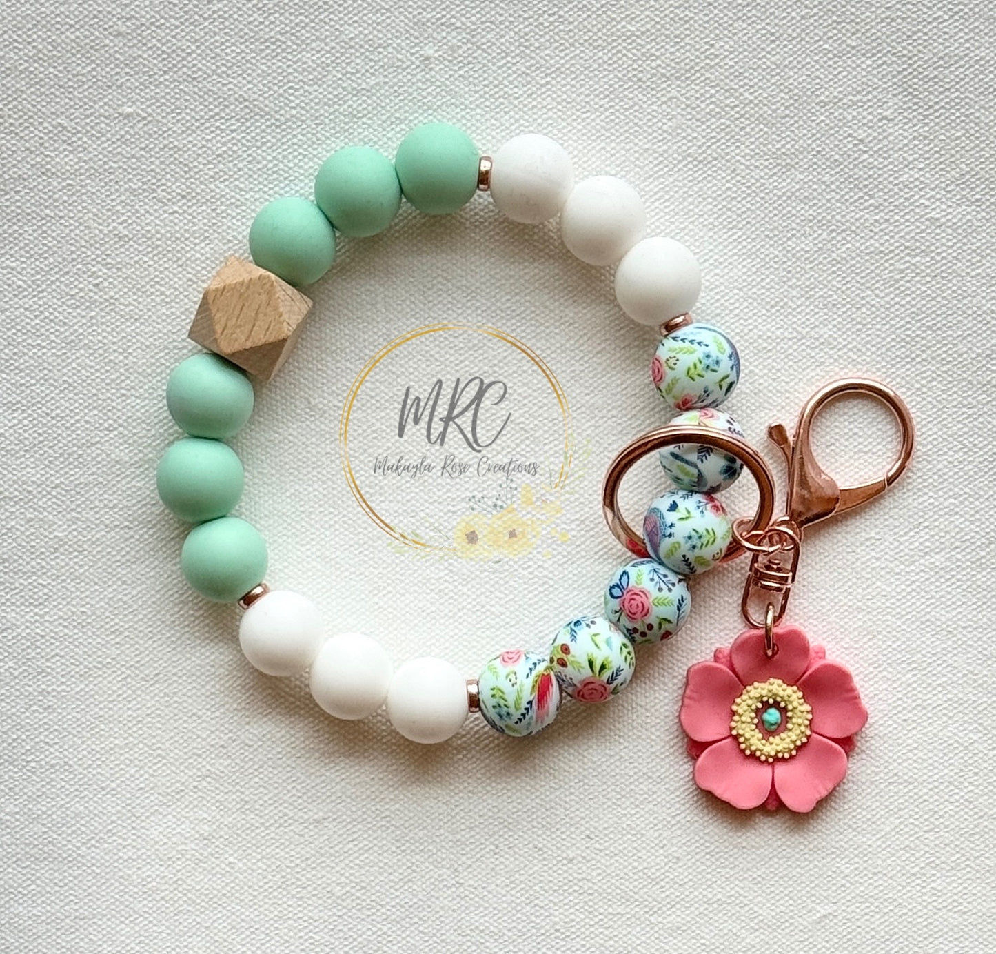 Teal Floral Keychain Bracelet w/Pink Flower Charm