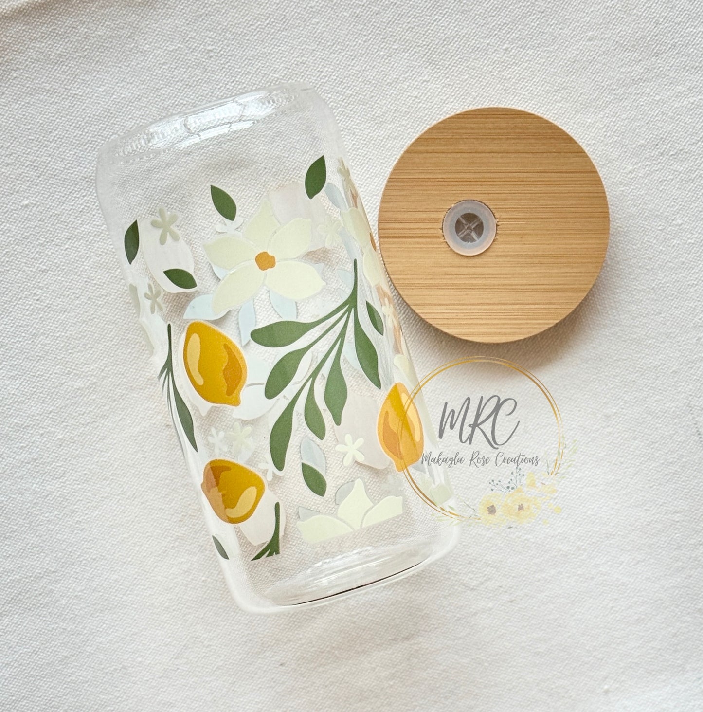 Bright Lemons Glass Can Cold Drink Cup w/Bamboo Lid & Straw