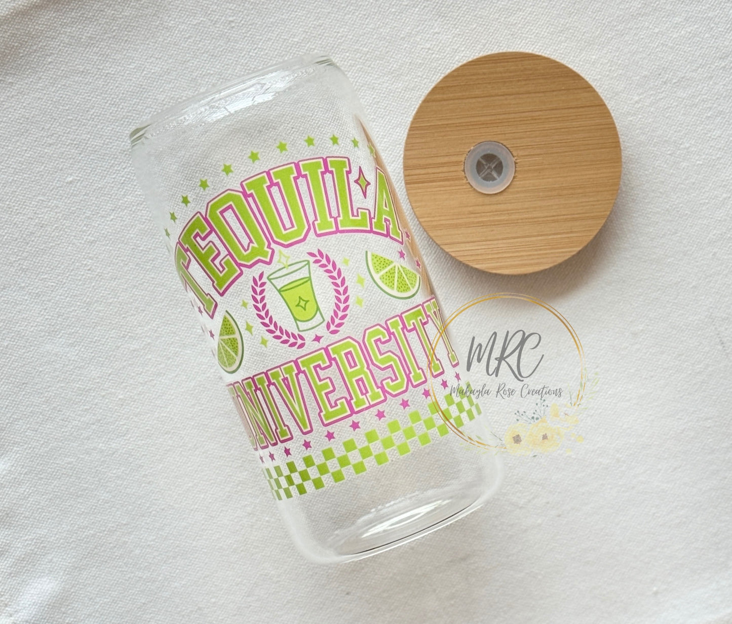 Tequila University Glass Can Cold Drink Cup w/Bamboo Lid & Straw