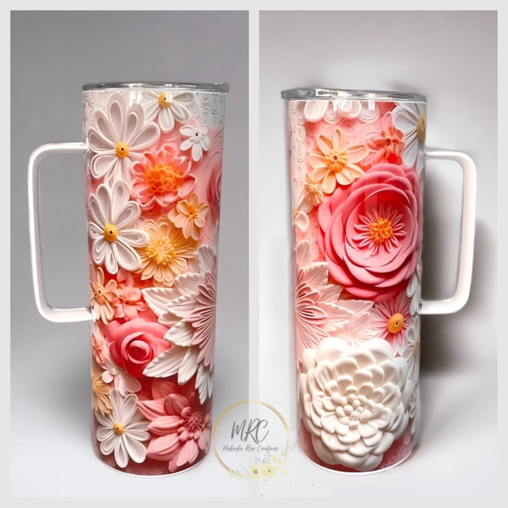 3D Pink Floral 20oz Skinny Stainless Steel Sublimation Tumbler w/ Handel