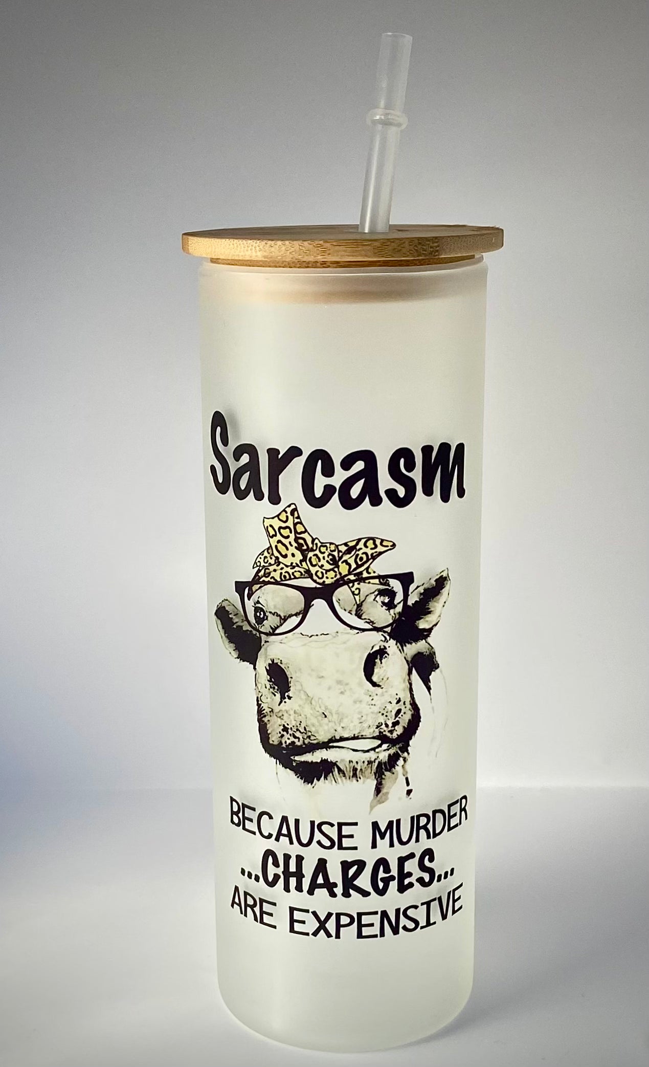 Funny Cow “Sarcasm” Frosted Glass Tumbler w/Bamboo Lid & Straw