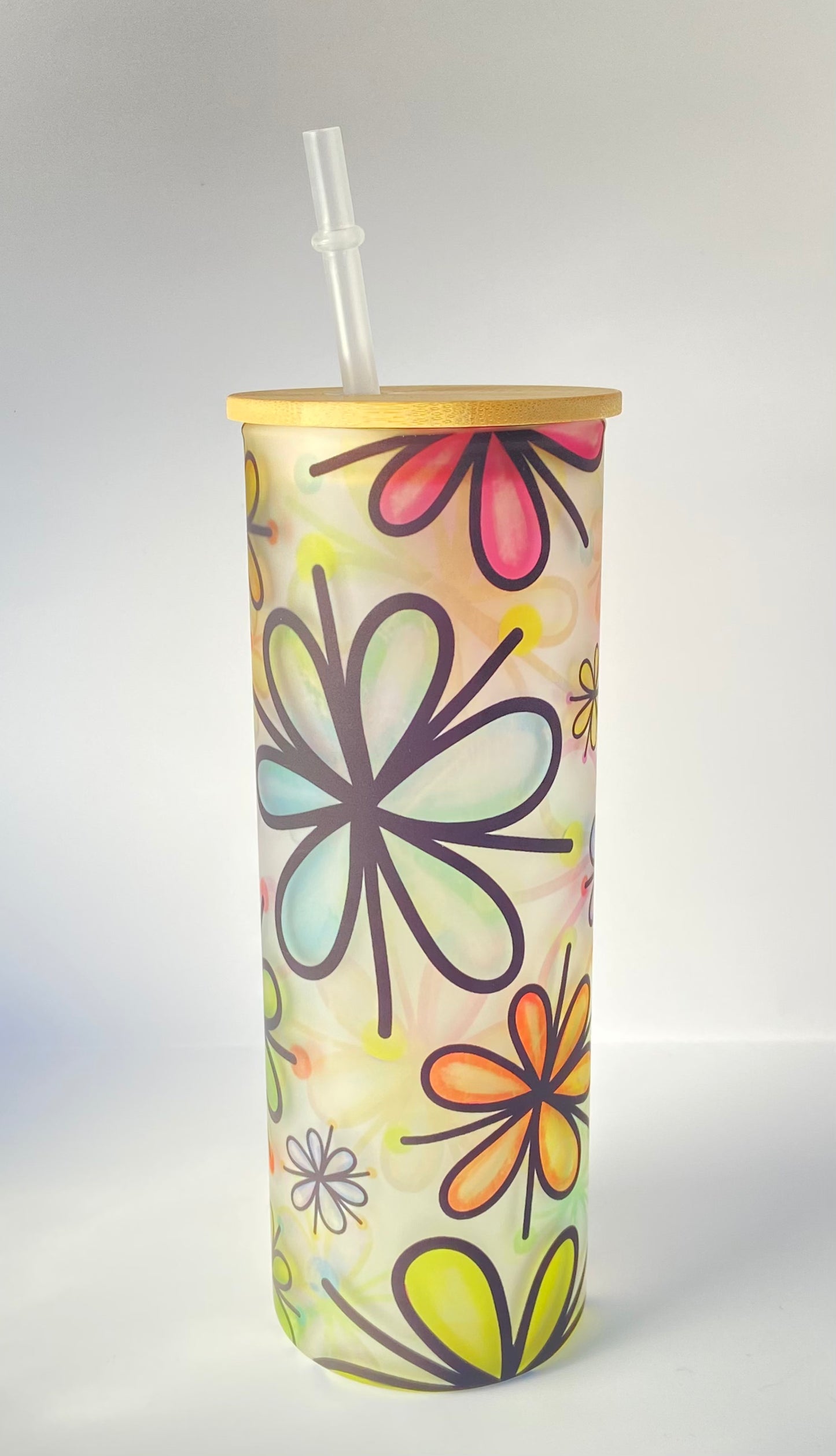 “Colorful Daisies” Frosted Glass Tumbler w/Bamboo Lid & Straw