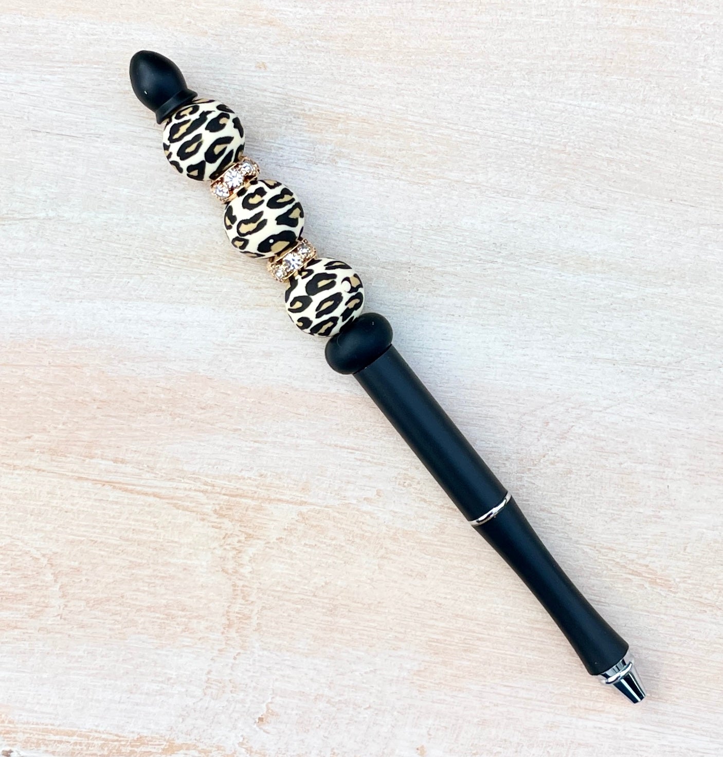 Beige Leopard Sparkle Beaded Pen