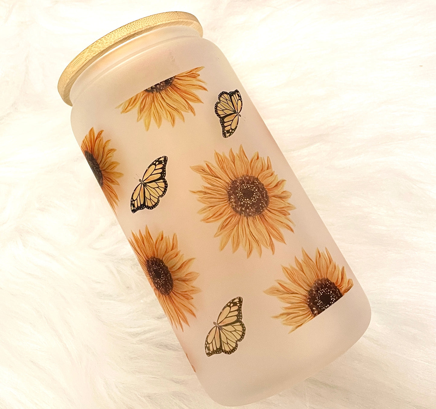 “Monarchs & Sunflowers” Frosted Glass Can Cold Drink Cup w/Bamboo Lid & Straw