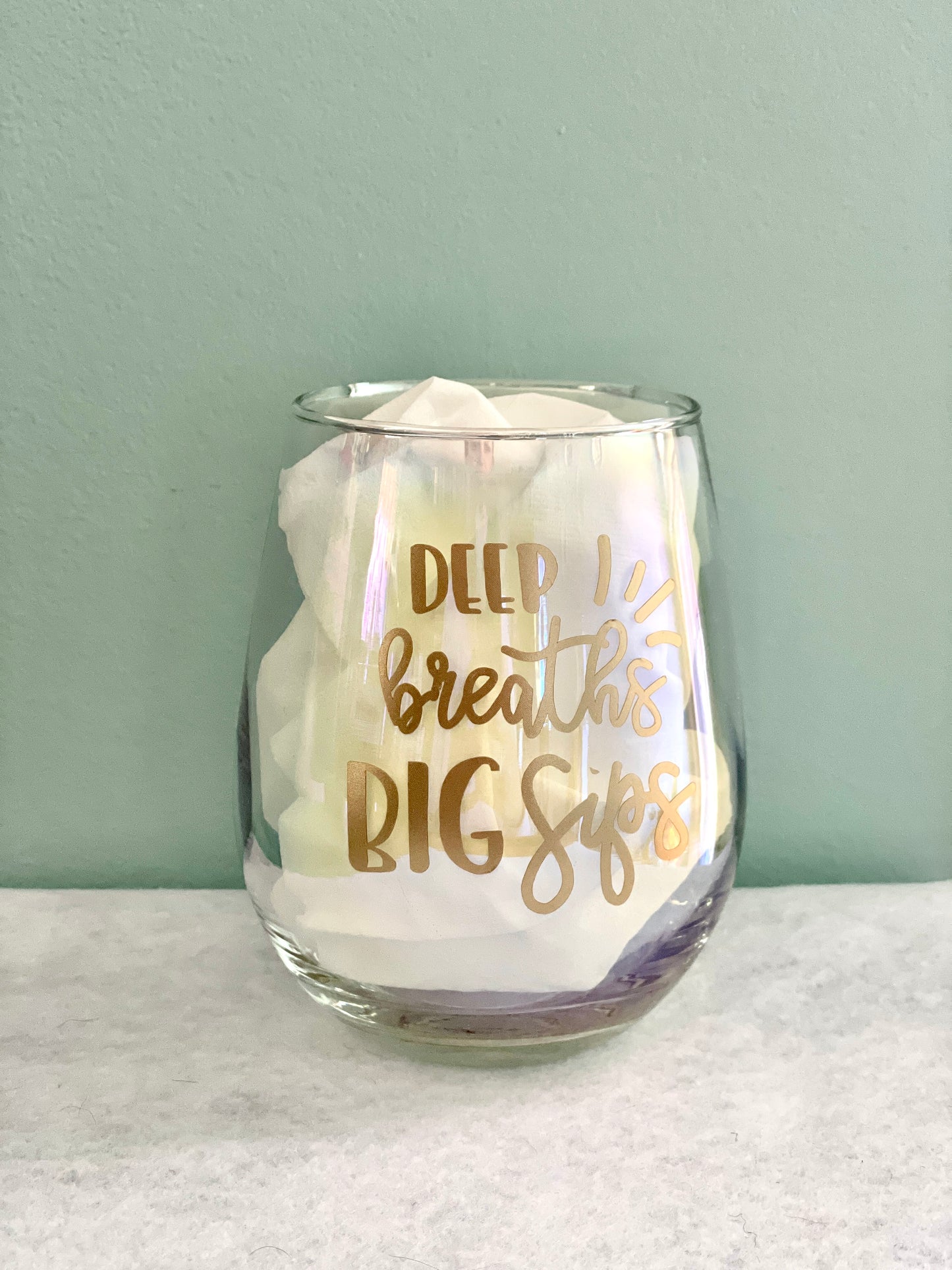 Deep Breaths Big Sips Stemless Wine Glass
