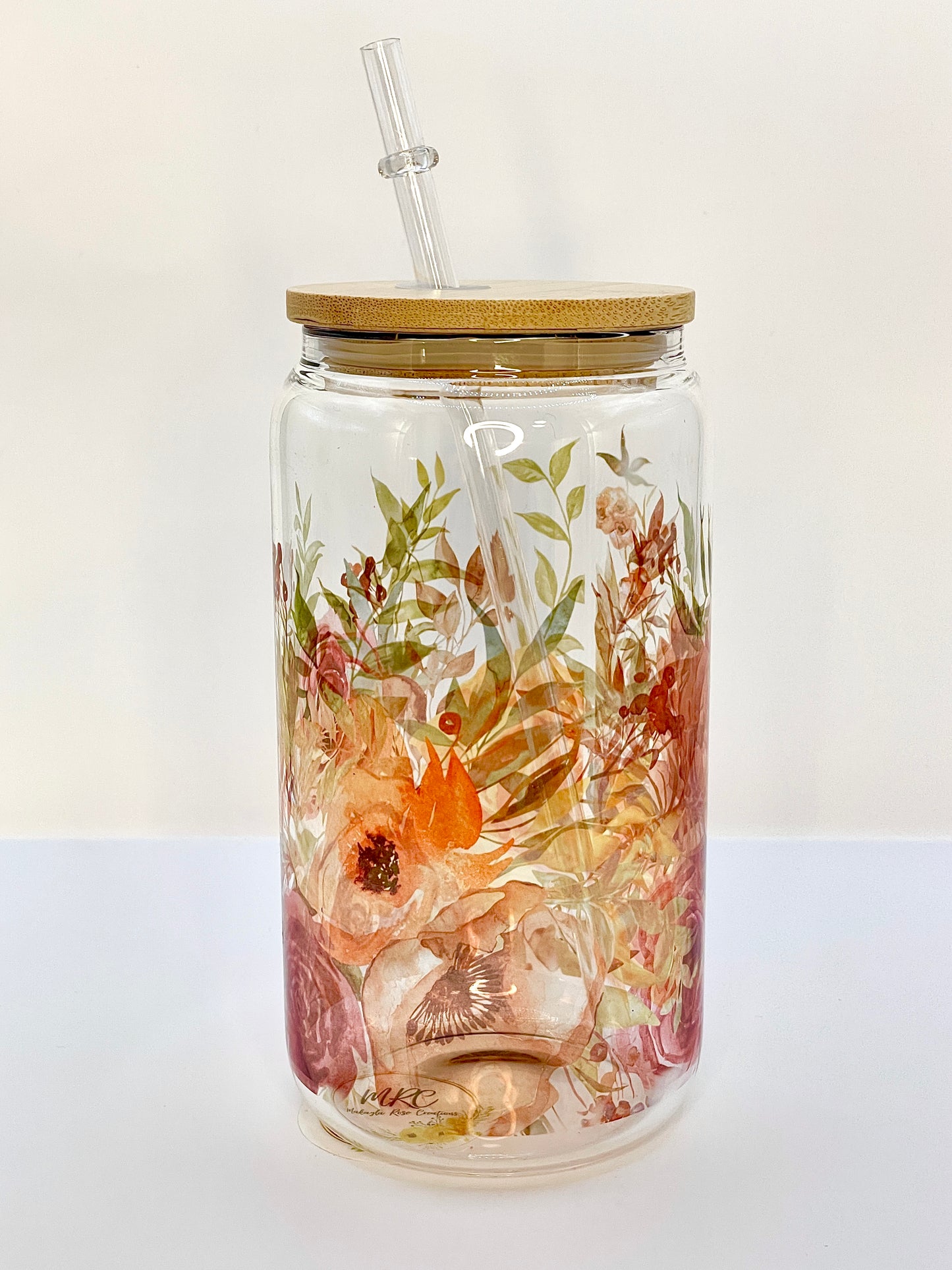 Floral- Glass Can Cold Drink Cup w/Bamboo Lid & Straw