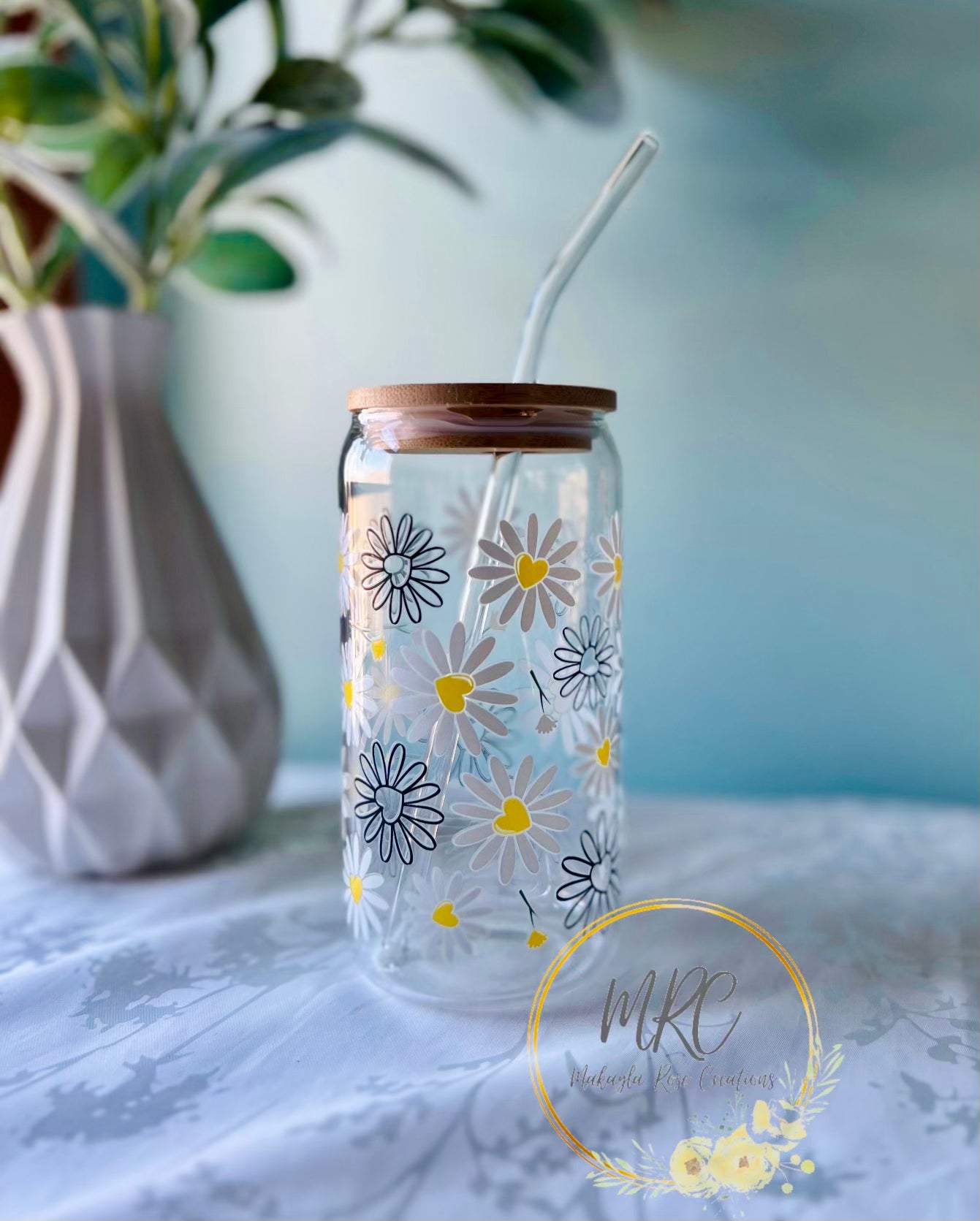 Classic Daisies Glass Can Cold Drink Cup w/Bamboo Lid & Straw