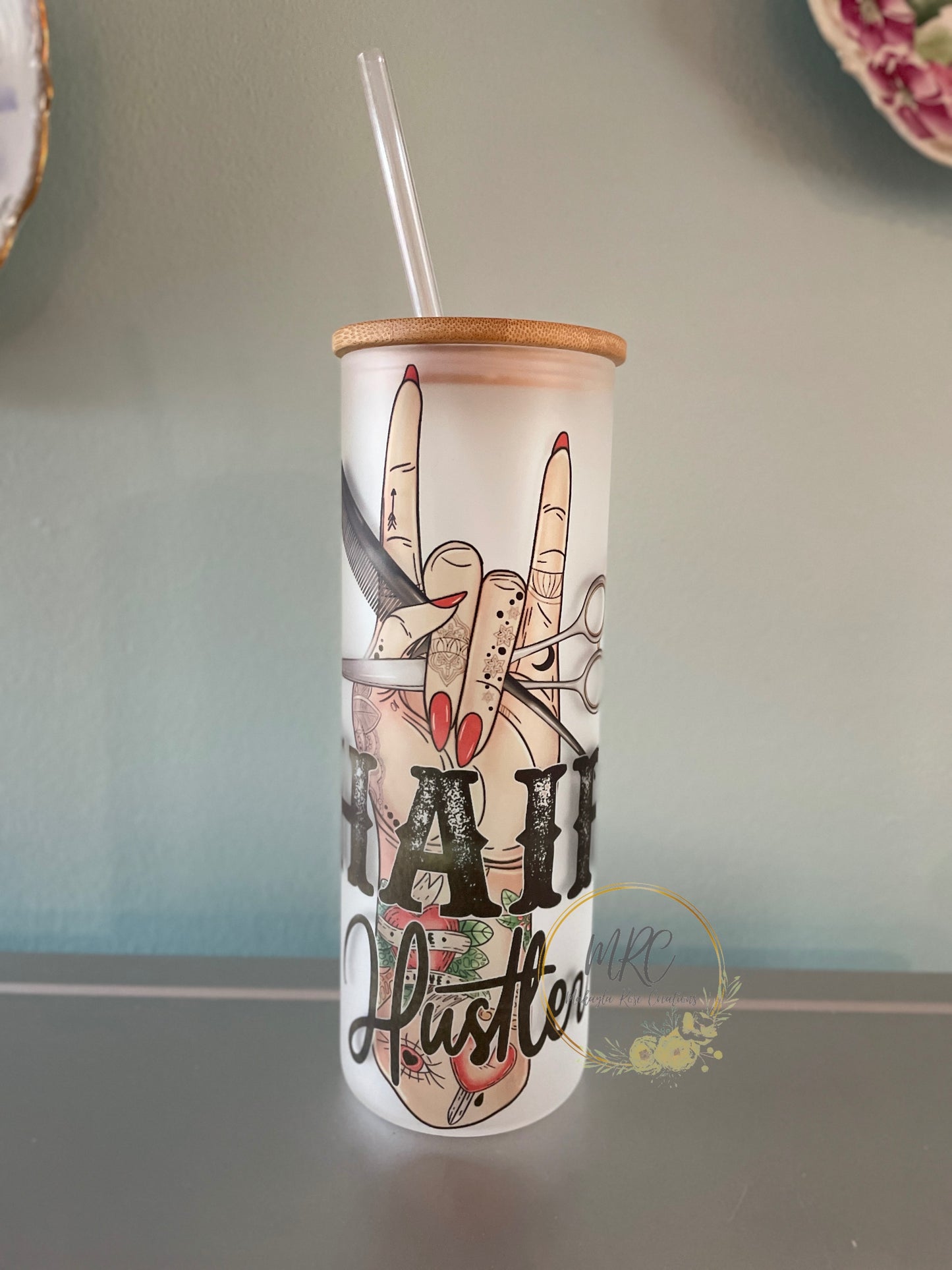 “Hair Hustler” Frosted Glass Tumbler w/Bamboo Lid & Straw