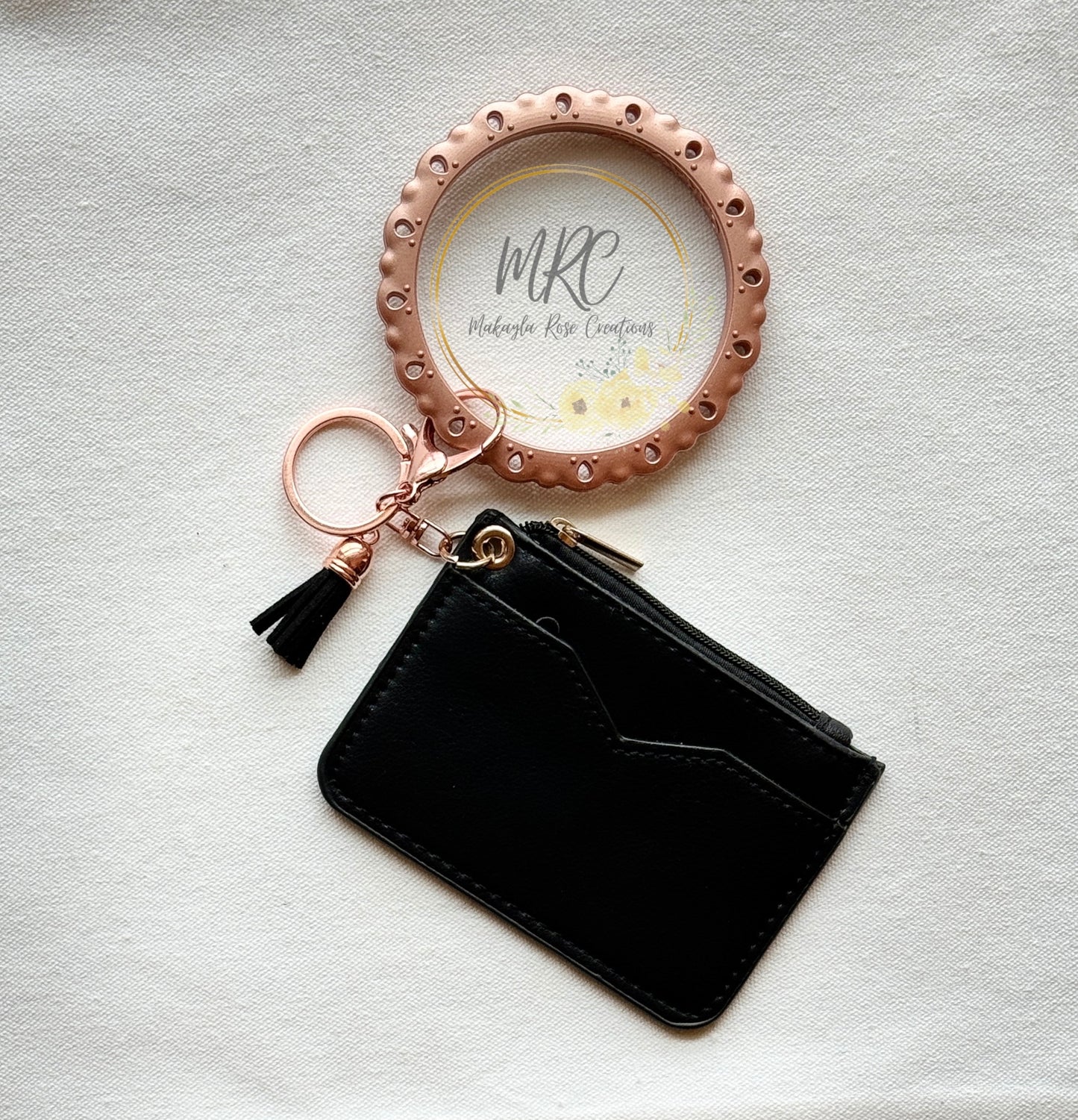 Rose Gold Bangle Keychain w/Mini Black Faux Leather Wallet