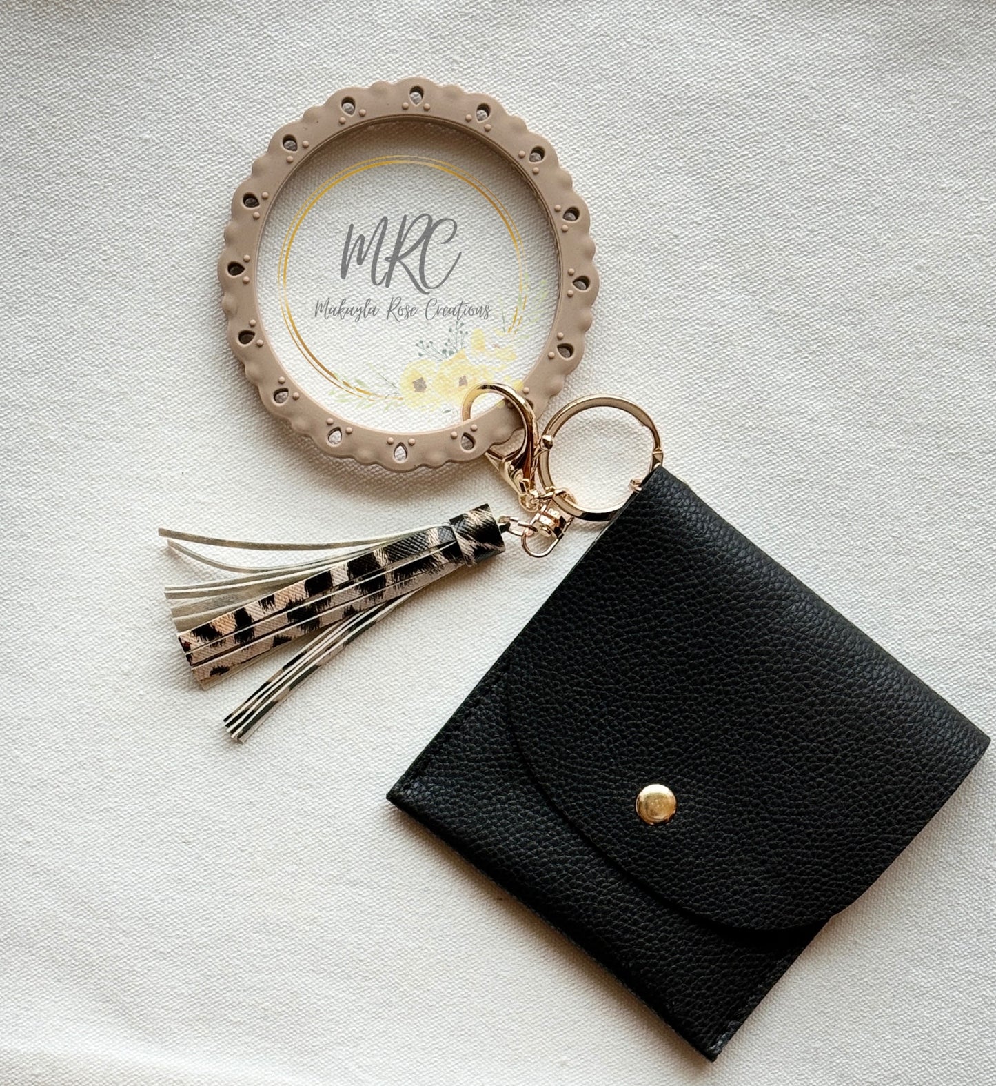 Dusty Rose Bangle Keychain w/Mini Black Faux Leather Wallet & Leopard Tassel