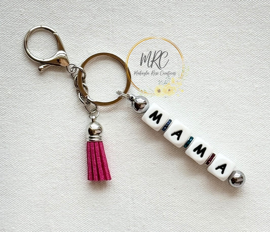 MAMA Beaded Silver Keychain Bar w/ Hot Pink Tassel