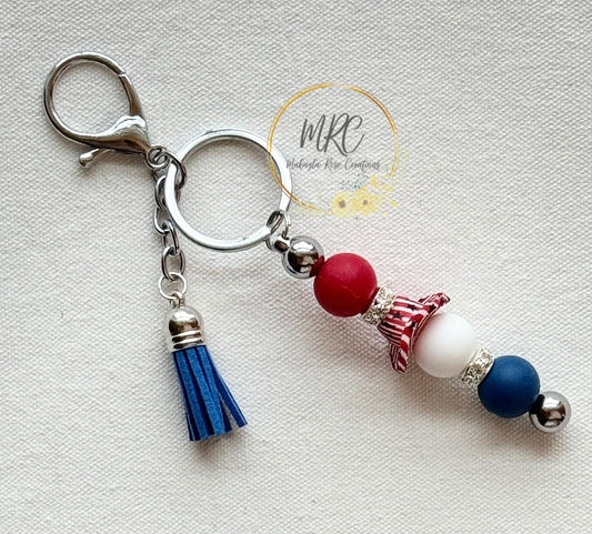 USA Cowgirl Hat Beaded Silver Keychain Bar w/ Royal Blue Tassel