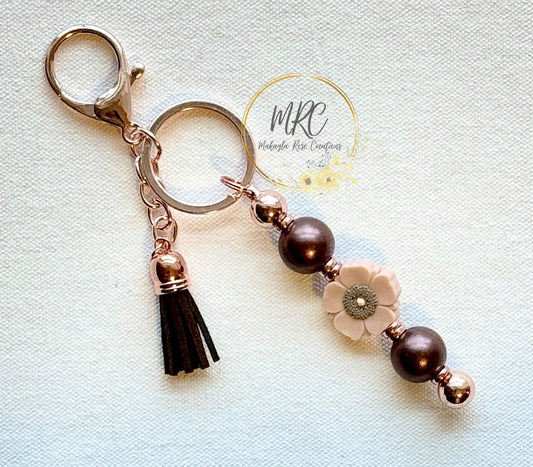 Frosted Burgundy Beaded Rose Gold Keychain Bar w/Burgundy Tassel