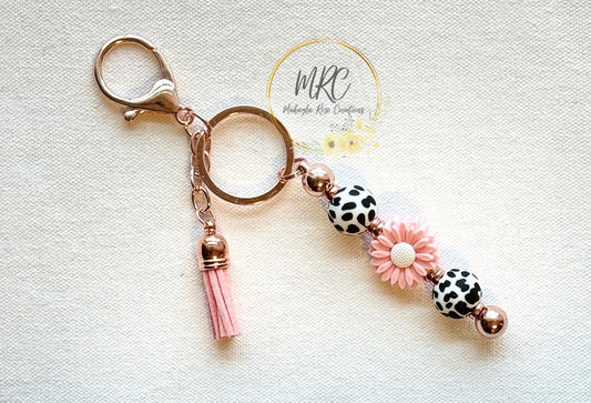 Daisy Moo Beaded Rose Gold Keychain Bar w/Soft Pink Tassel