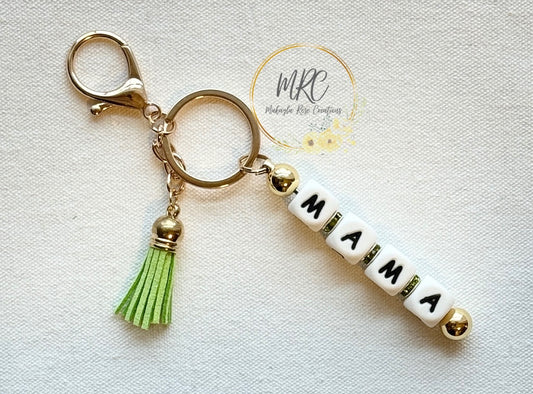 MAMA Beaded Gold Keychain Bar w/ Green Tassel