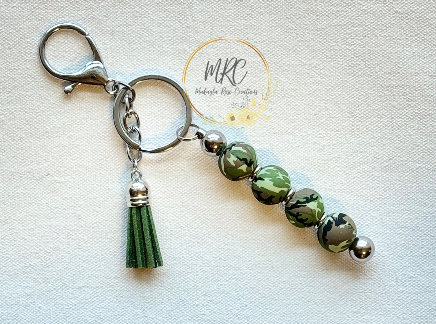 Camouflage Beaded Silver Keychain Bar w/Army Green Tassel