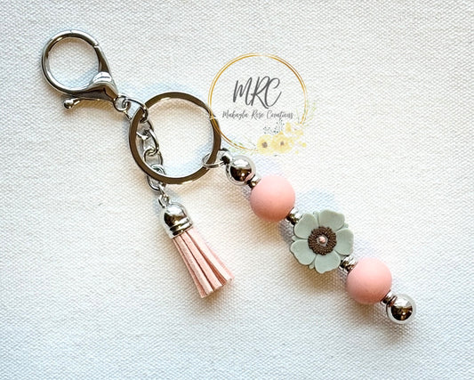 Devine Beaded Silver Keychain Bar w/Soft Pink Tassel