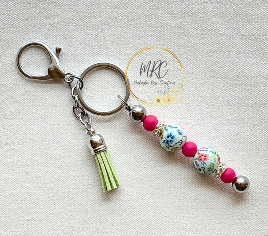 Pop of Floral Beaded Silver Keychain Bar w/lime Green Tassel