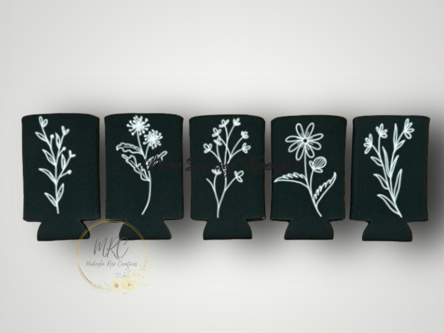 Wild Flowers Skinny Can Koozie, Black & White