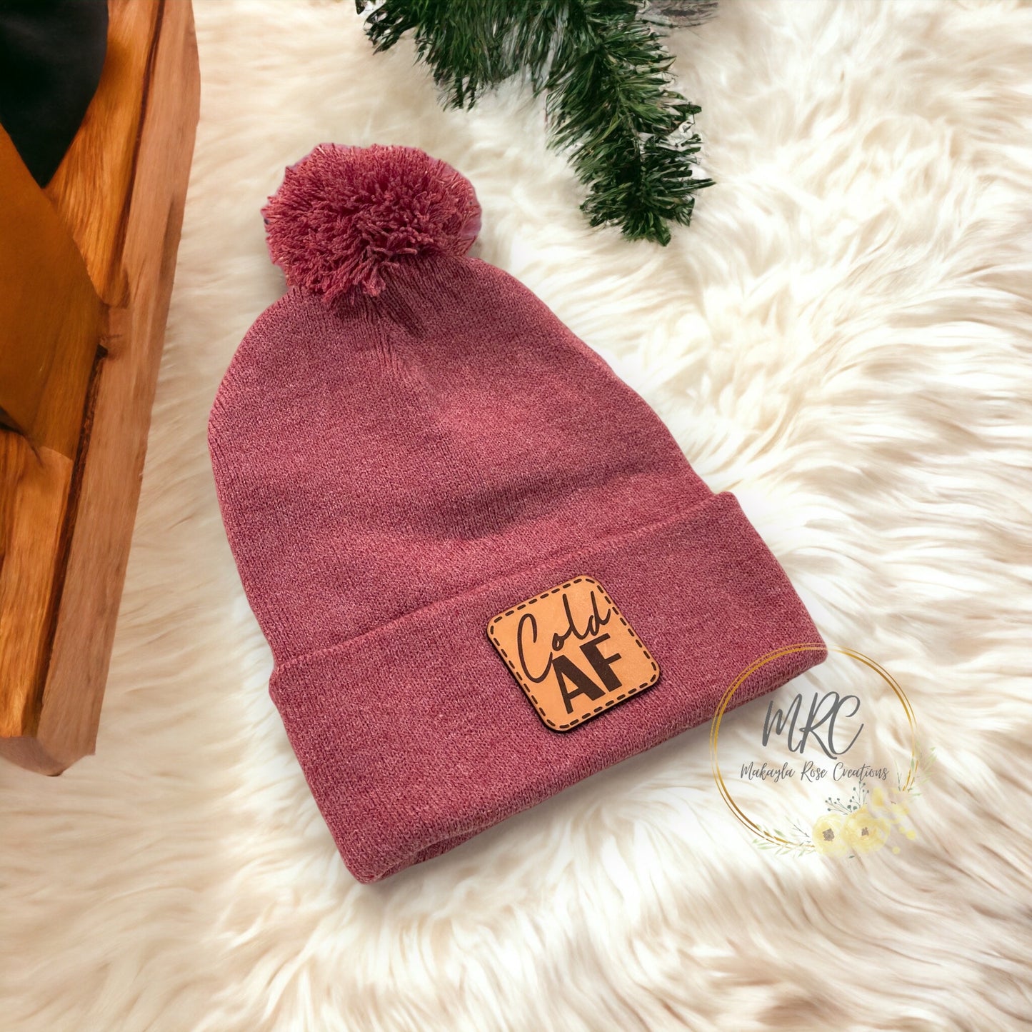 “Cold AF” PomPom Cuffed Winter Hat w/ Leather Patch