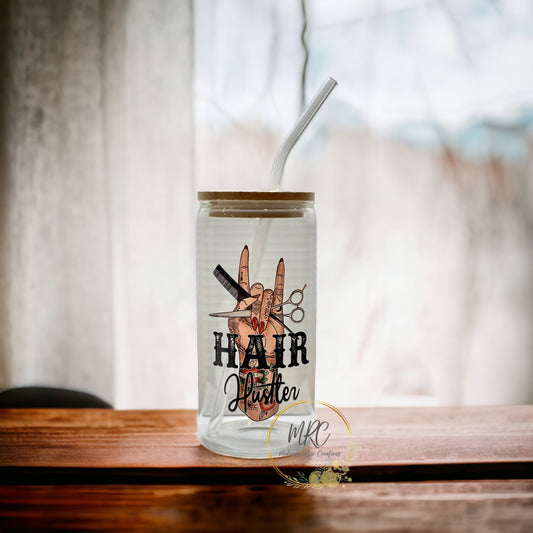 Hair Hustler,  Glass Can Cold Drink Cup w/Bamboo Lid & Straw