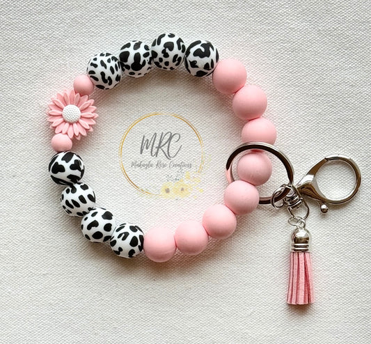 Pink Daisy Cow Keychain Bracelet w/Tassel