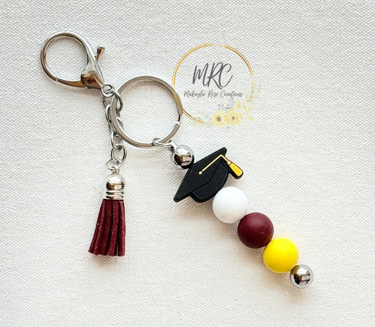 Graduation Cap Maroon & Gold Beaded Keychain Bar