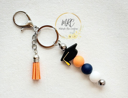 Graduation Cap Navy & Orange Beaded Keychain Bar