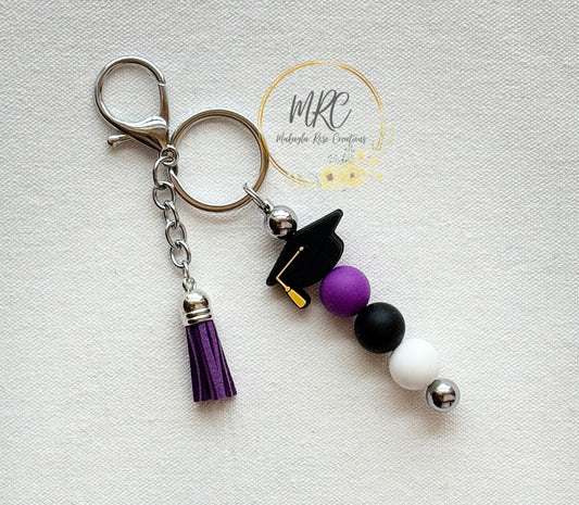 Graduation Cap Purple, Black, & White Beaded Keychain Bar