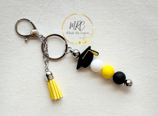 Graduation Cap Yellow, Black, & White Beaded Keychain Bar