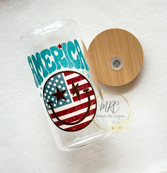 America Happy Face Glass Can Cold Drink Cup w/Bamboo Lid & Straw