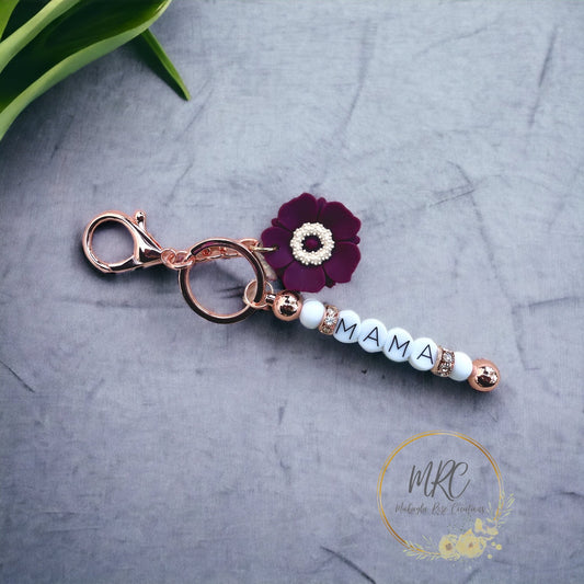 MAMA Beaded Rose Gold Keychain Bar w/Burgandy Flower Charm