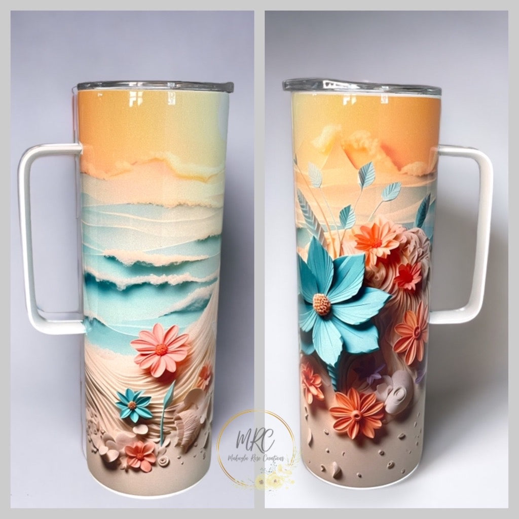 3D Floral Beach Sunset 20oz Skinny Stainless Steel Sublimation Tumbler w/ Handel