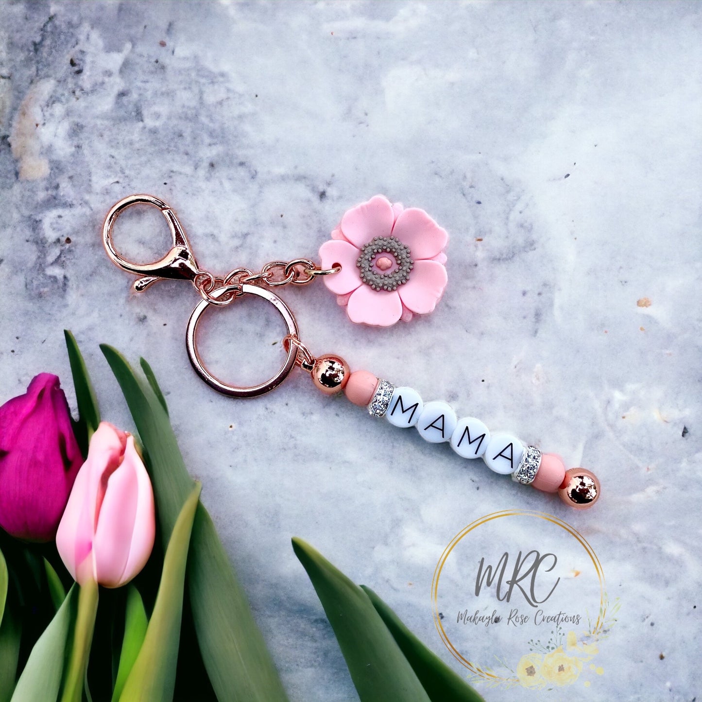 MAMA Beaded Rose Gold Keychain Bar w/Soft Pink Flower Charm