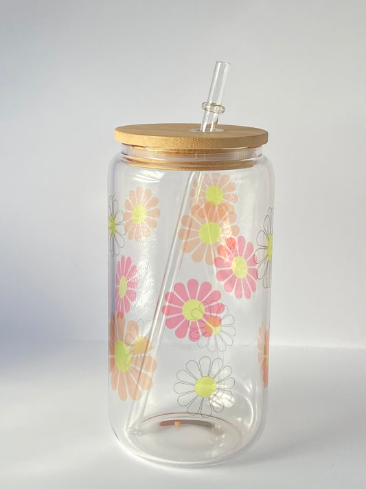 “Summer Daisies” Glass Can Cold Drink Cup w/Bamboo Lid & Glass Straw