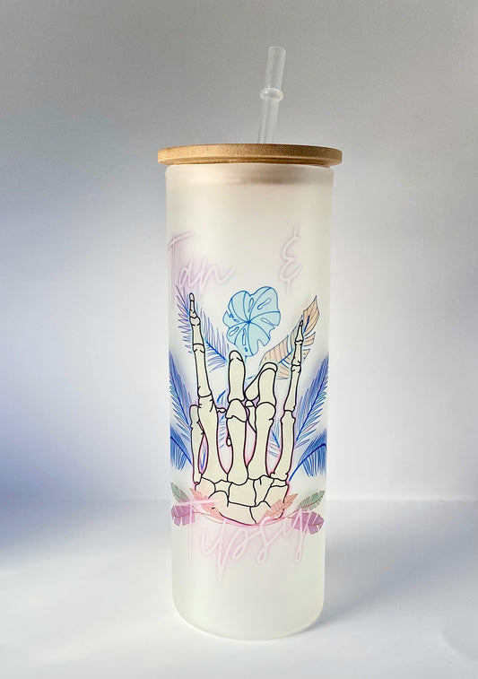 "Tan & Tipsy” Frosted Glass Tumbler w/Bamboo Lid & Straw