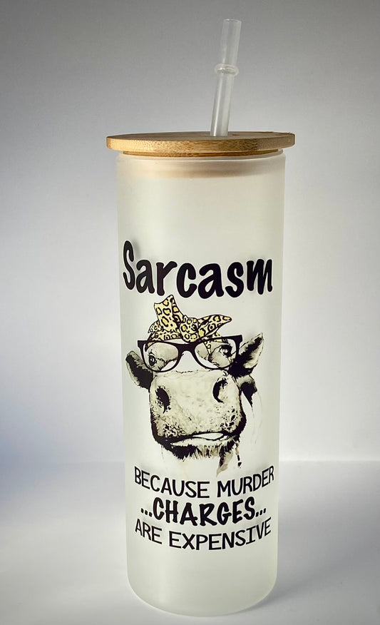 Funny Cow “Sarcasm” Frosted Glass Tumbler w/Bamboo Lid & Straw