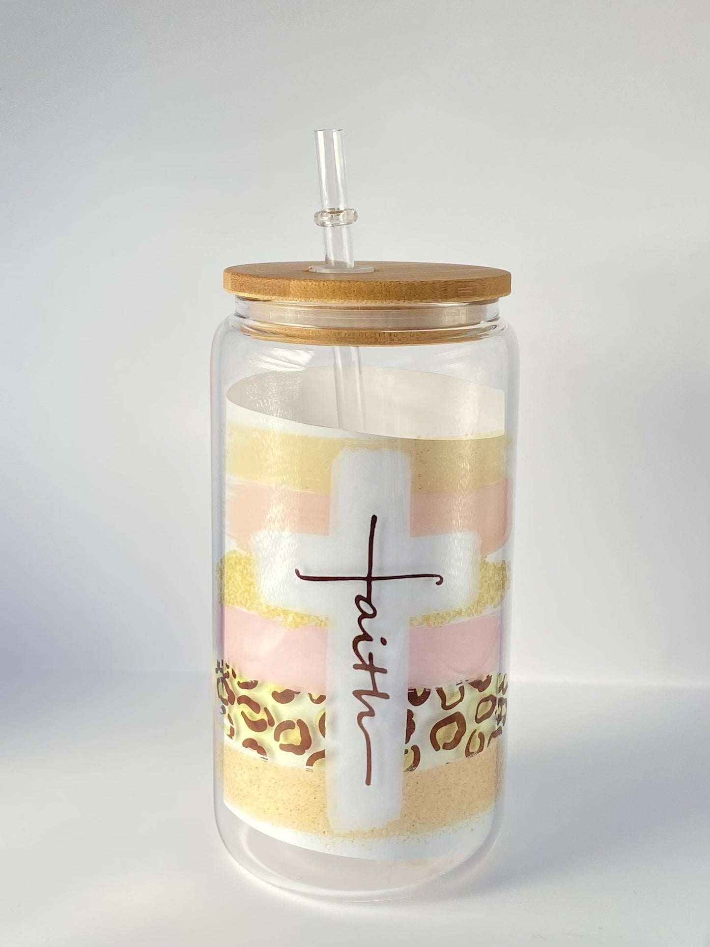 “Faith” Glass Can Cold Drink Cup w/Bamboo Lid & Straw