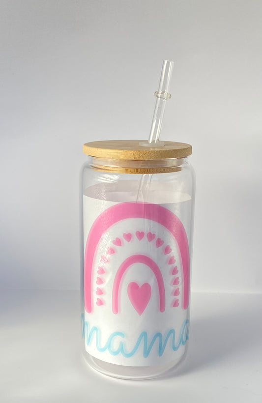 “Boho Mama Pink & Blue” Glass Can Cold Drink Cup w/Bamboo Lid & Straw