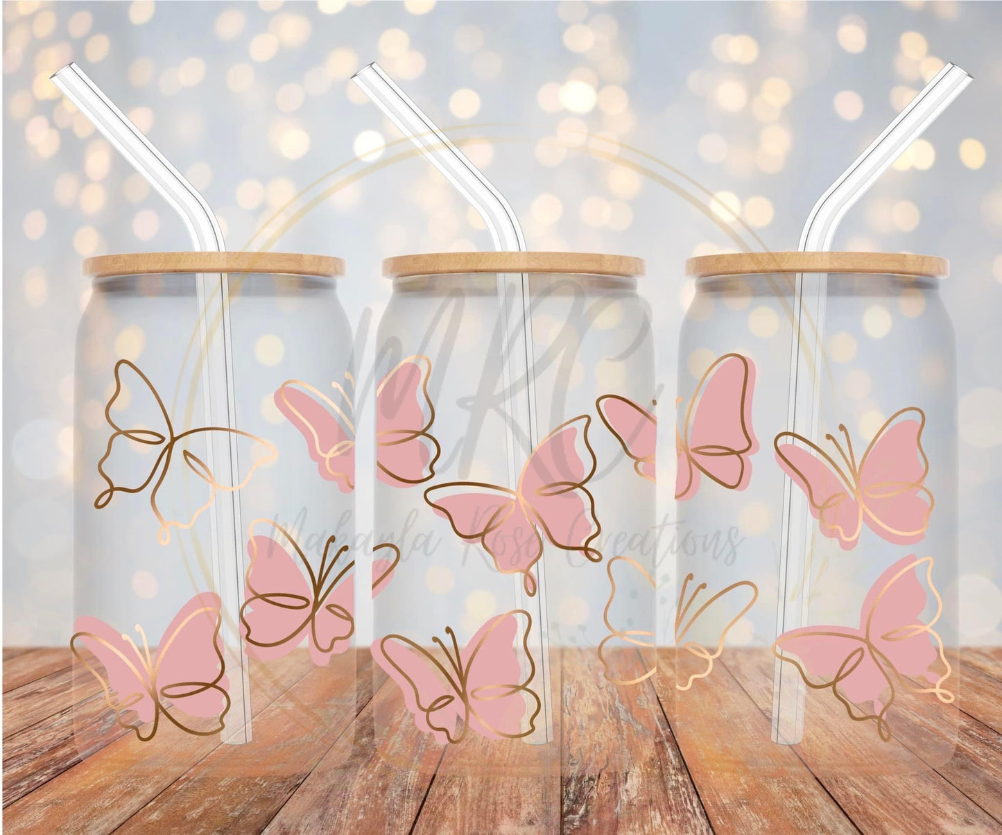 “Pink Butterflies” Glass Can Cold Drink Cup w/Bamboo Lid & Straw