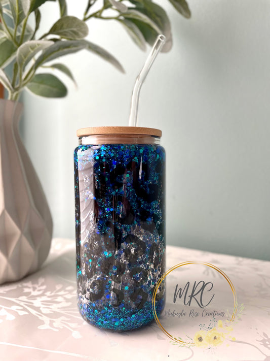Blue Cheetah Glitter Globe Glass Can Cold Drink Cup w/Bamboo Lid & Glass Straw