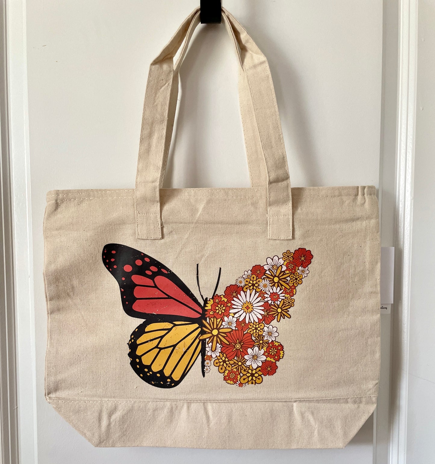 Butterflies & Daisies Canvas Tote Bag w/Zipper