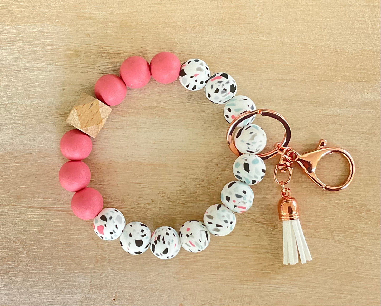 Strawberry Pink Speckled Keychain Bracelet